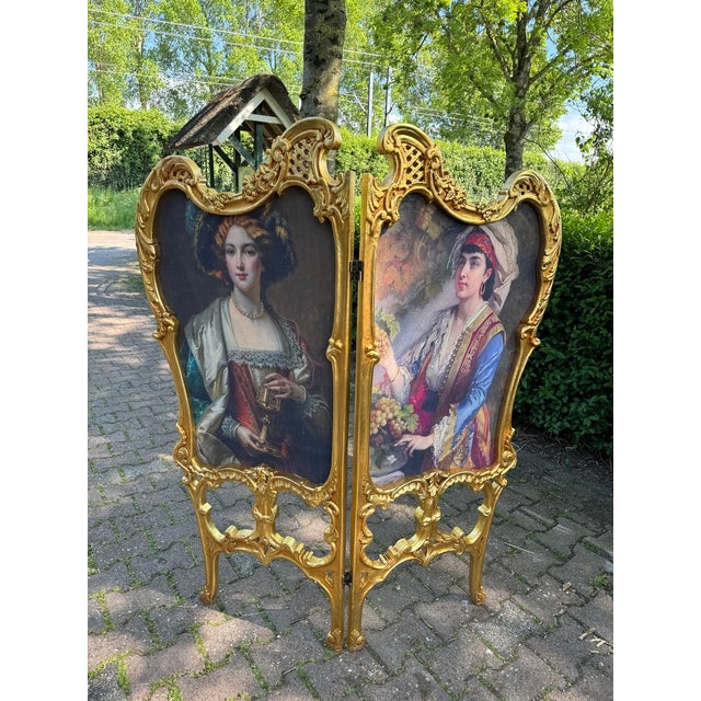 French 1960 French Louis XVI Gold Beech Portrait Screen Room Divider - 2 Panels For Sale - Image 3 of 10