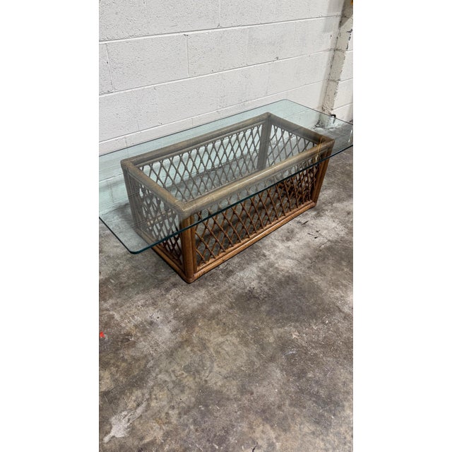 Boho Chic Vintage Boho Wicker Bamboo Glass Top Coffee Table For Sale - Image 3 of 8
