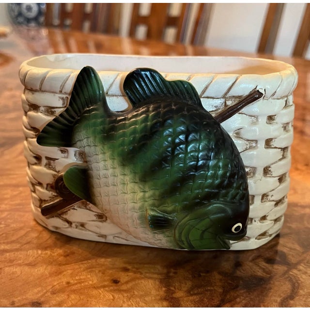 NAPCO Vintage Creel Fish and Fishing Basket Ceramic Planter. Bluegill fish is like 3D. Marked NAPCO, Japan. Still has...