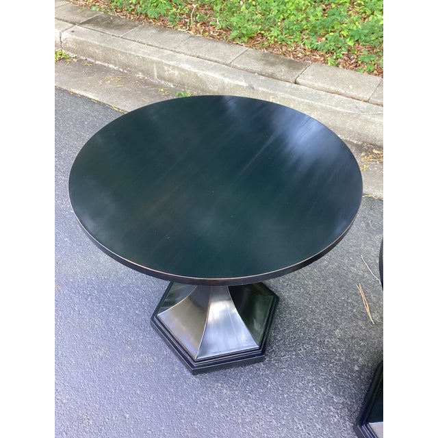 Eichholtz Attributed Harlem Round Piano Black Top End Tables - A Pair For Sale - Image 4 of 8