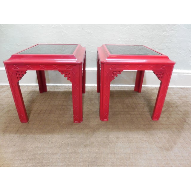 Quality pair of vintage, lacquered tables w/ smoked mirrored beveled glass tops.