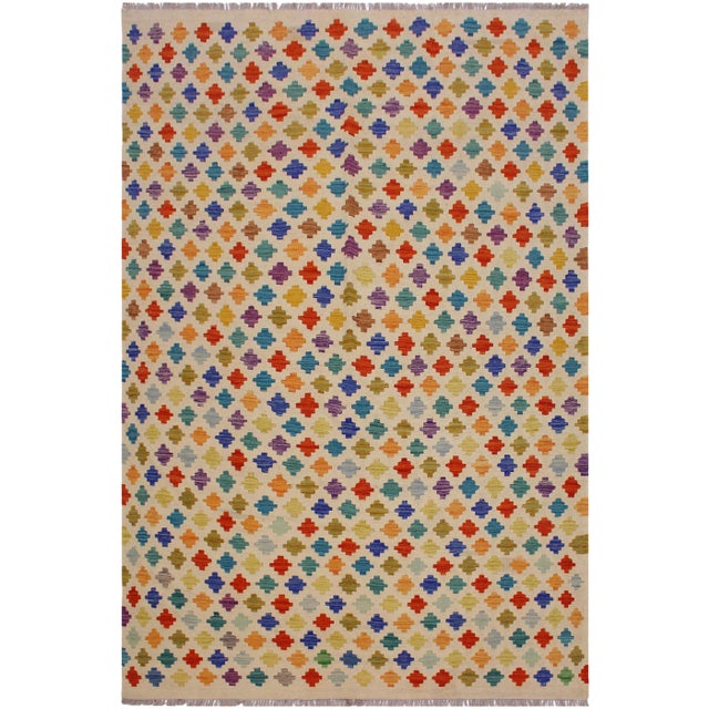 Contemporary Kilim Ivory/Blue Hand-Woven Wool Rug - 5'3 X 7'7 For Sale