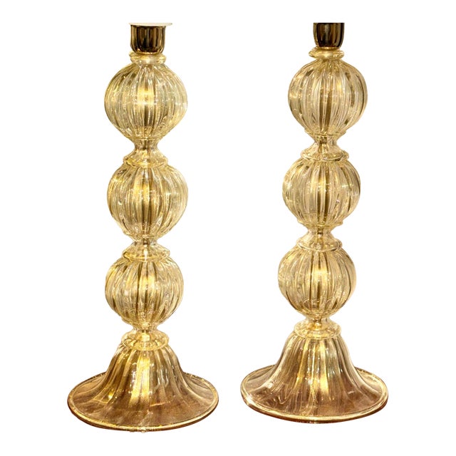 Modern Gold Murano Glass Ball Form Lamps - Pair For Sale