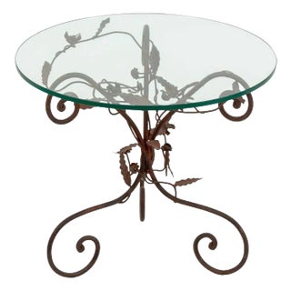Glass Top Foliate Red Wrought Iron Side Table For Sale
