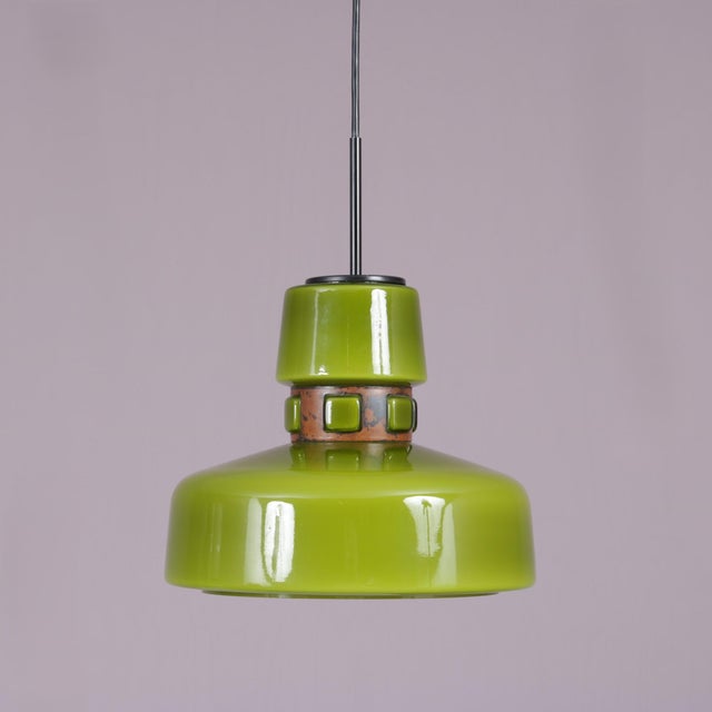 Green Glass Hanging Lamp with Copper Details by Victor Berndt for Flygsfors, Sweden, 1970s For Sale - Image 5 of 8