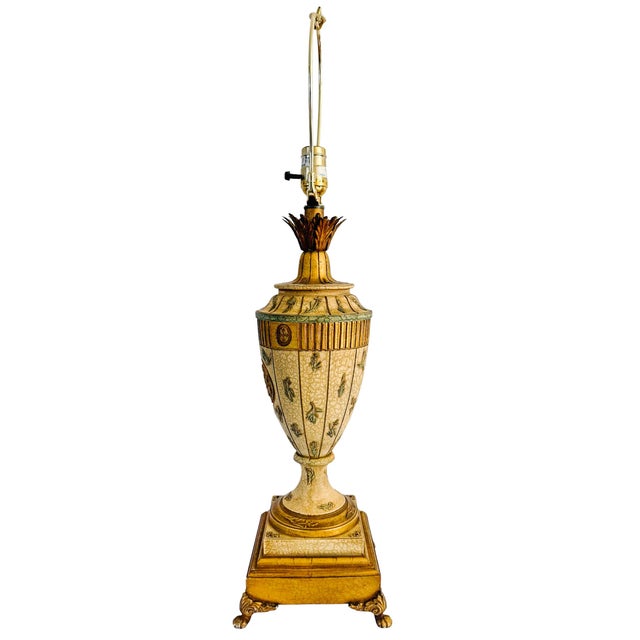Vintage Neoclassical Crackle Glazed Urn Table Lamps With Medallions - A Pair For Sale - Image 13 of 16