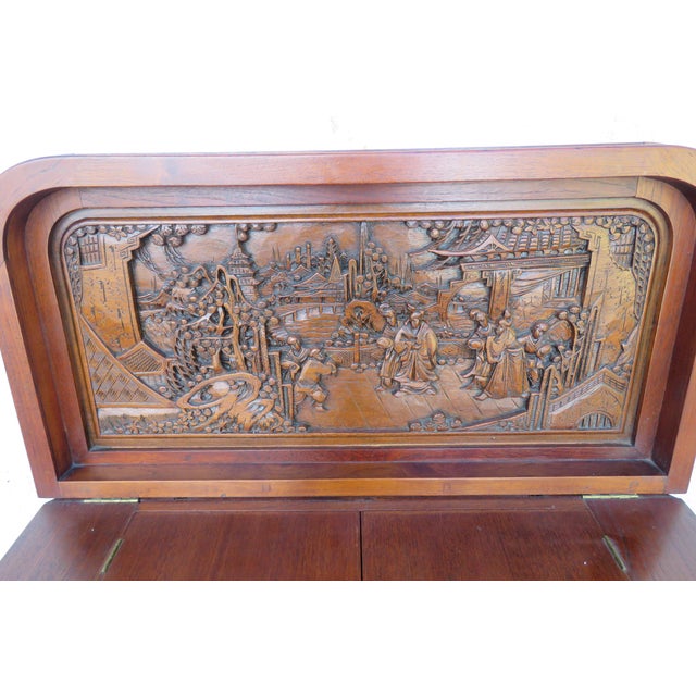 Heavy Hand Carved Solid Wood 1960s Oriental Dry Bar Cabinet For Sale - Image 16 of 18