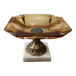 Vintage Amber Footed Bowl Pedestal Ashtray With Brass and Marble Pedestal Base Italy