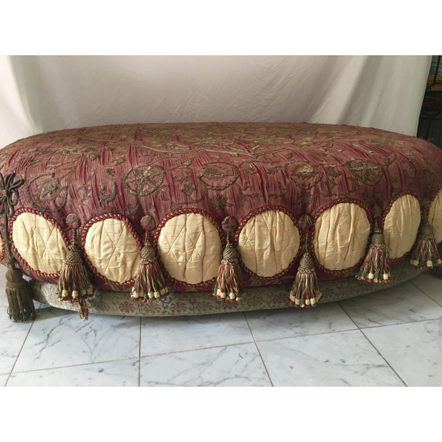 Palatial Distressed Gold Bullion Burgundy Oval Ottoman For Sale - Image 4 of 11