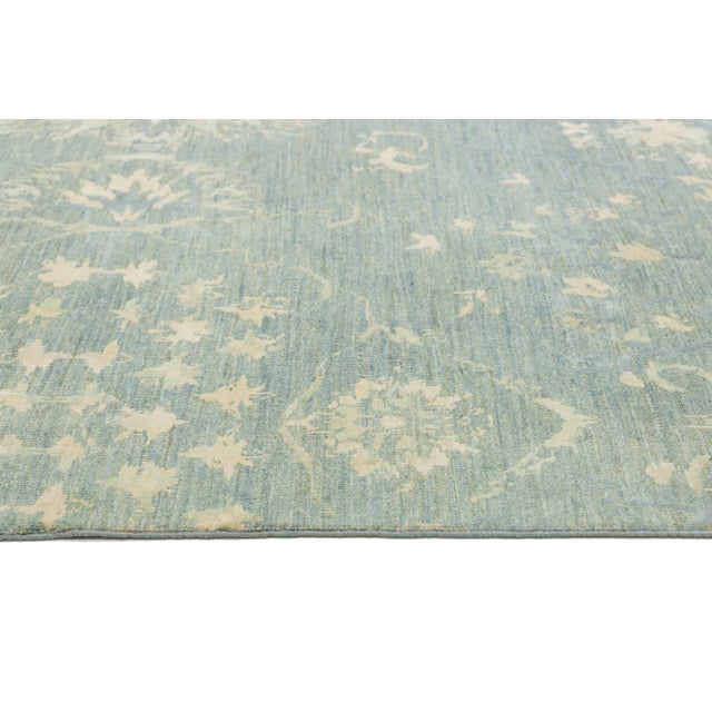 Blue Transitional Handmade Wool and Silk Rug With Floral Design For Sale - Image 4 of 10
