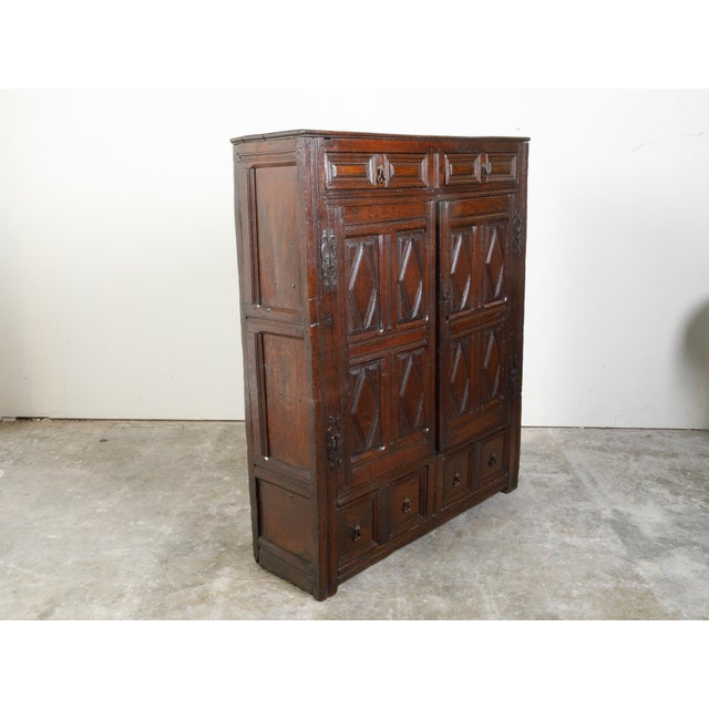 English 1800s Wooden Court Cupboard with Doors, Drawers and Diamond Motifs For Sale - Image 11 of 12
