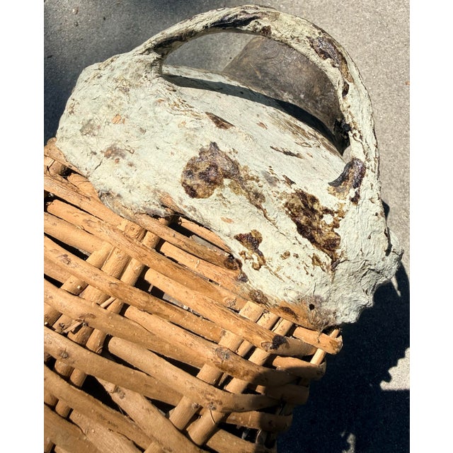 Khaki Vintage Artisanal Chinese Clay Vessel, Jar, Encased in a Basket Made of Woven Shanxi Willow For Sale - Image 8 of 12