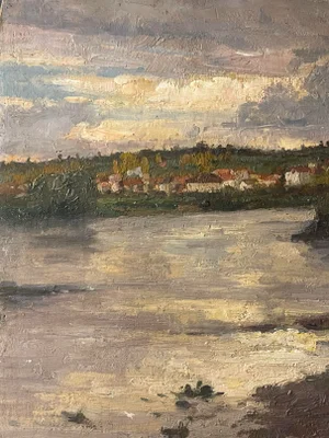 Oil on Panel "Village by the River" Signed Martin-Saauvaigo Dated 1939 France