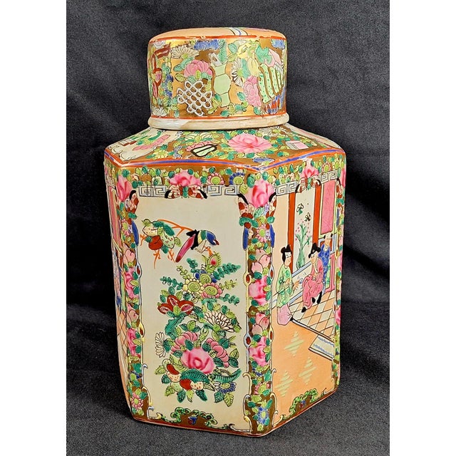 Beautiful and authentic antique Chinese export porcelain hexagonal lidded jar, hand-painted in the famille rose palette...