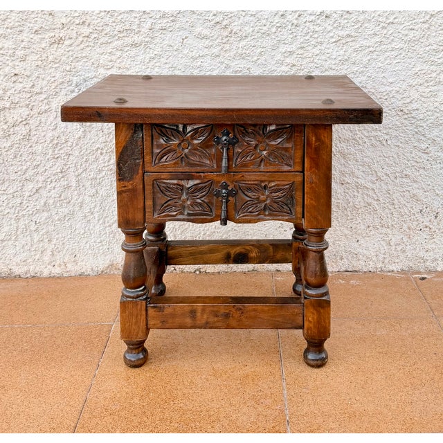 Rustic Pair of Spanish Carved Wood Bedside Tables With Floral Drawers, Mid-20th Century For Sale - Image 3 of 9