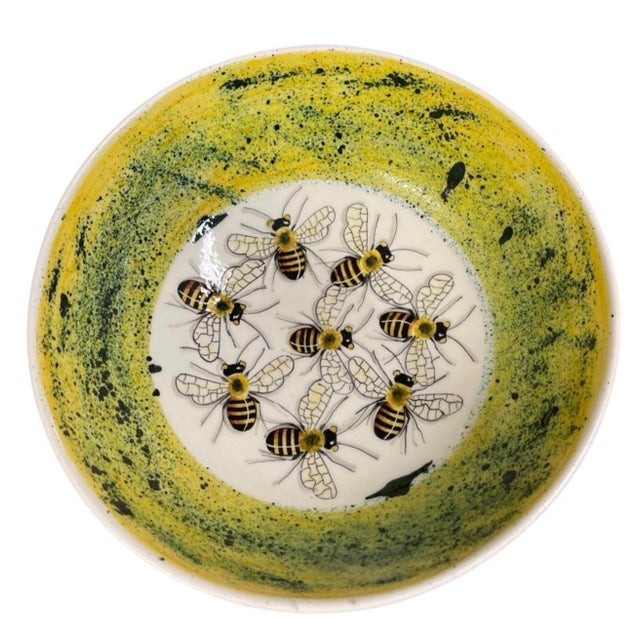 2000 - 2009 Vintage Hand-Painted Bee Motif Ceramic Bowl – Speckled Yellow Glaze Decorative Centerpiece Dish For Sale - Image 5 of 12