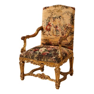 French-Style Ornate Armchair – Scenic Damask Upholstery With Carved Gold Leaf Frame For Sale