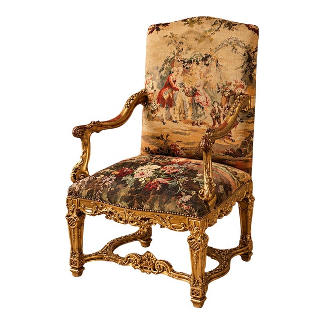 French-Style Ornate Armchair – Scenic Damask Upholstery With Carved Gold Leaf Frame For Sale