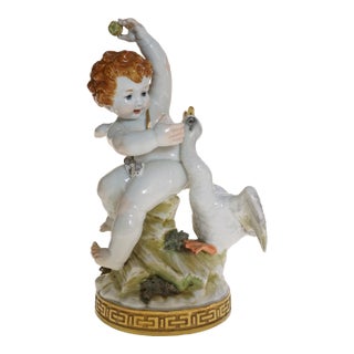 Vintage Algora Cupid and Swan Porcelain Group Spain For Sale