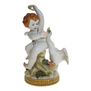Vintage Algora Cupid and Swan Porcelain Group Spain