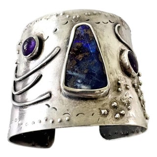 1970s Brutalist Sterling Silver Cuff Bracelet With Gem Stones For Sale