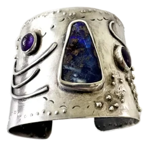 1970s Brutalist Sterling Silver Cuff Bracelet With Gem Stones