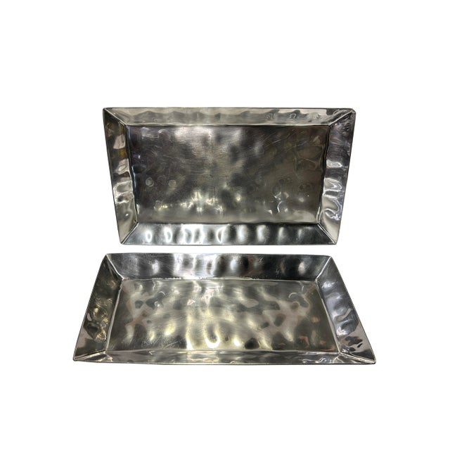 Set 2 Hand Punch Marks Stainless Steel Rectangular Display Serving Plate For Sale - Image 4 of 4