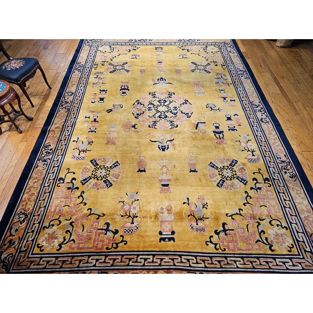 Textile Antique Art Deco Chinese Rug, Hand-Knotted Wool, Pastel Yellow & Blue, 10x15 For Sale - Image 7 of 18