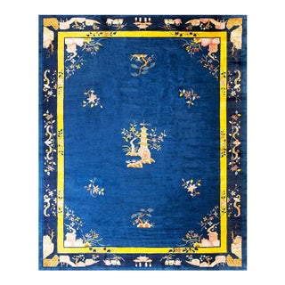 1930s Blue Floral Modern Antique Chinese Peking Rug 12'3" X 15'4" Handknotted Wool Carpet For Sale