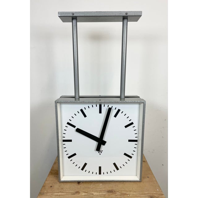 Large Square Industrial Double-Sided Factory Clock from Pragotron, 1960s For Sale - Image 10 of 17