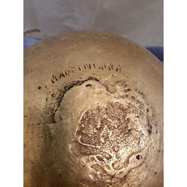 Vintage Early 20th Century Chinese Brass Etched Dragon Motif Bowl and Carved Stand For Sale In Indianapolis - Image 6 of 7