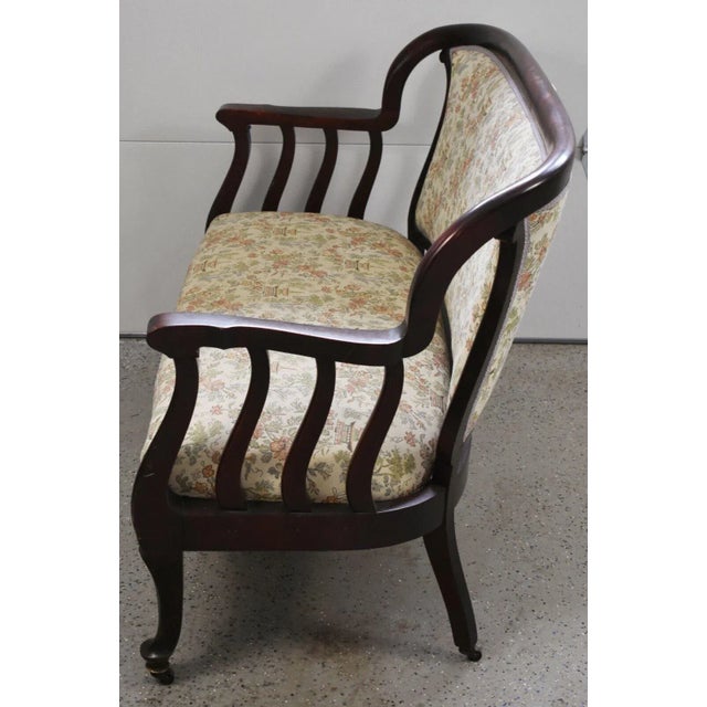 Cream Victorian Mahogany Settee W Casters Chinoiserie Toile Fabric 19th Century For Sale - Image 8 of 11