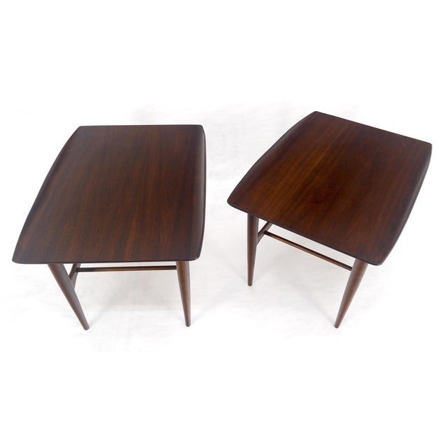 Pair American Mid Century Modern Walnut Rolled Edges End Side Tables MINT! For Sale - Image 6 of 13