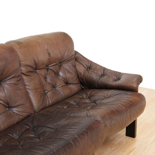 1970s Danish Brown Leather Tufted Sofa For Sale - Image 16 of 18
