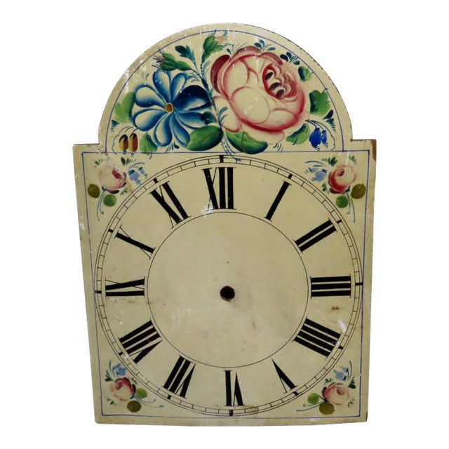 Antique Early 19th Century Hand Painted Wood Grandmothers Clock Dial For Sale