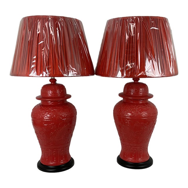 1960s Vintage Large Coral Porcelain Ginger Jar Lamps With Shades - a Pair For Sale