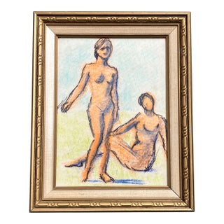 1970’s Original Charcoal/Pastel 2 Nude Females Drawing Vintage Frame For Sale
