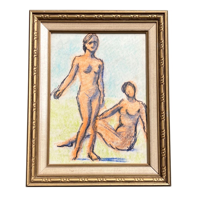 1970’s Original Charcoal/Pastel 2 Nude Females Drawing Vintage Frame For Sale
