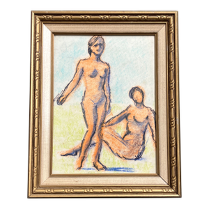 1970’s Original Charcoal/Pastel 2 Nude Females Drawing Vintage Frame