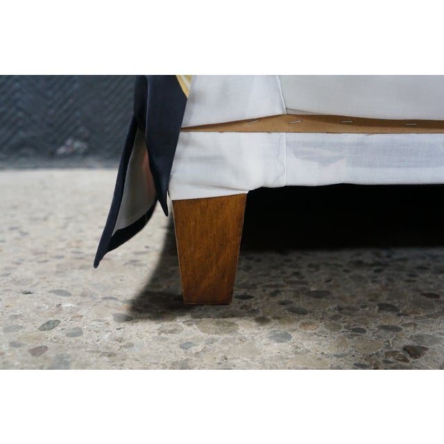 Navy Blue Pair Mid Century Erwin-Lambeth for John Stuart Botanical Lily Rolled Arm Sofas For Sale - Image 8 of 17