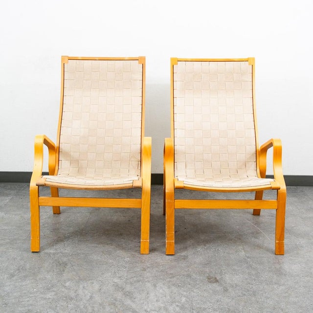 Well made bentwood and canvas Finn Ostergaard lounge chair set. Nice sculptural design that offers leather wrapped cushion...