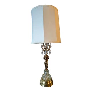 1960s Hollywood Regency Brass and Crystal Cherub Lamp For Sale