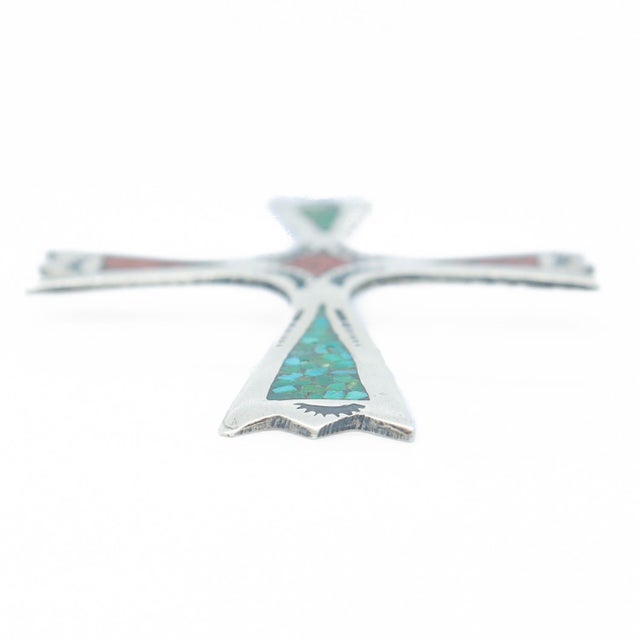 Vintage Southwestern Silver, Turquoise, and Coral Pendant Cross for a Necklace For Sale - Image 11 of 12