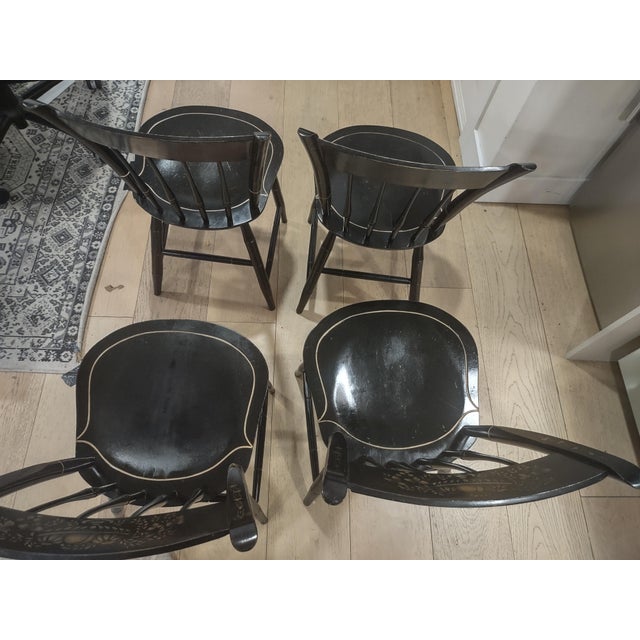 Nichols & Stone Vintage Nichols & Stone Ebonized Windsor Chairs (4pcs), Hand-Stenciled, Solid Wood For Sale - Image 4 of 15
