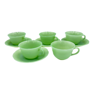 1940s Anchor Hocking Fire King Alice Jadeite Coffee Tea Cup & Saucer 9pc Lot