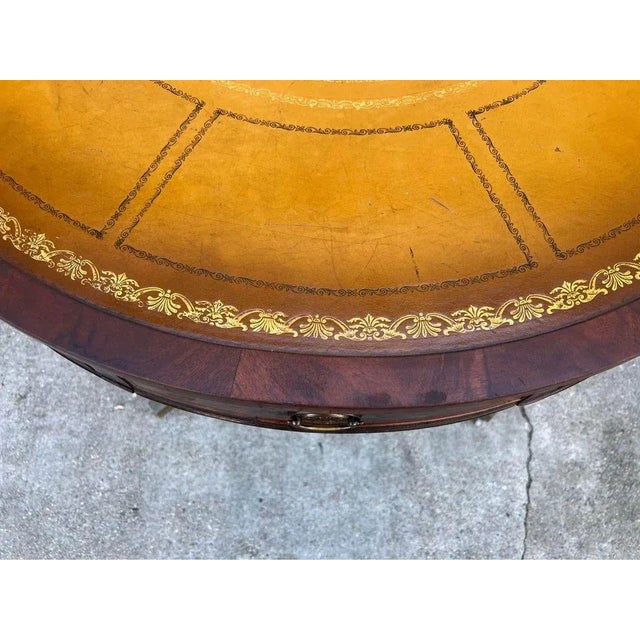Early 20th Century Antique Federal Style Flame Mahogany Leather Top Drum Table. For Sale - Image 5 of 11
