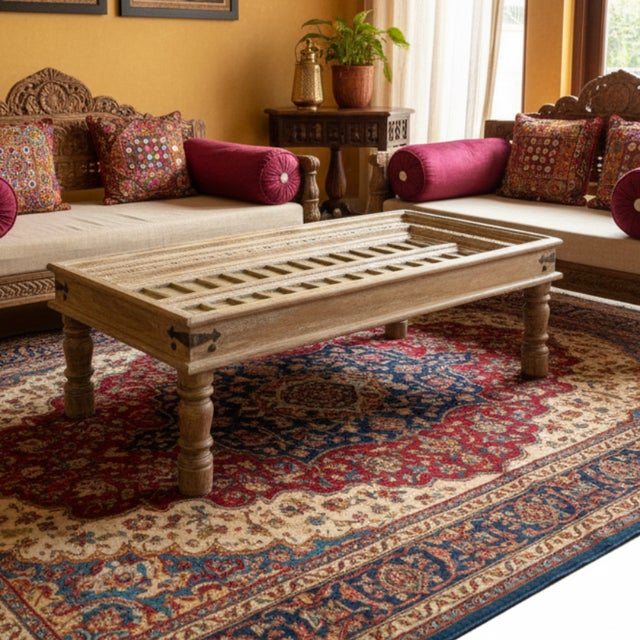 Antique Indian Carved Door Coffee Table – Rustic Brass Clad Statement Accent Table 59 For Sale In Orlando - Image 6 of 6