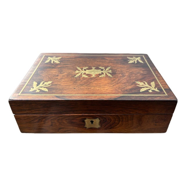 19th C. English Walnut Box With Brass Inlay and Fine Paper Lining For Sale
