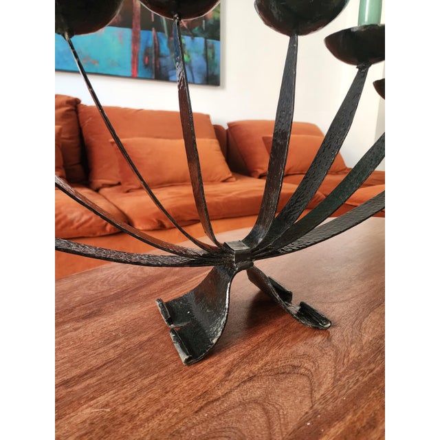 Metal Mid Century Wrought Iron Candelabra | 9 Arm Black Iron Candle Holder | Modernist Brutalist Style | 23.5” Centerpiece Sculpture For Sale - Image 7 of 11