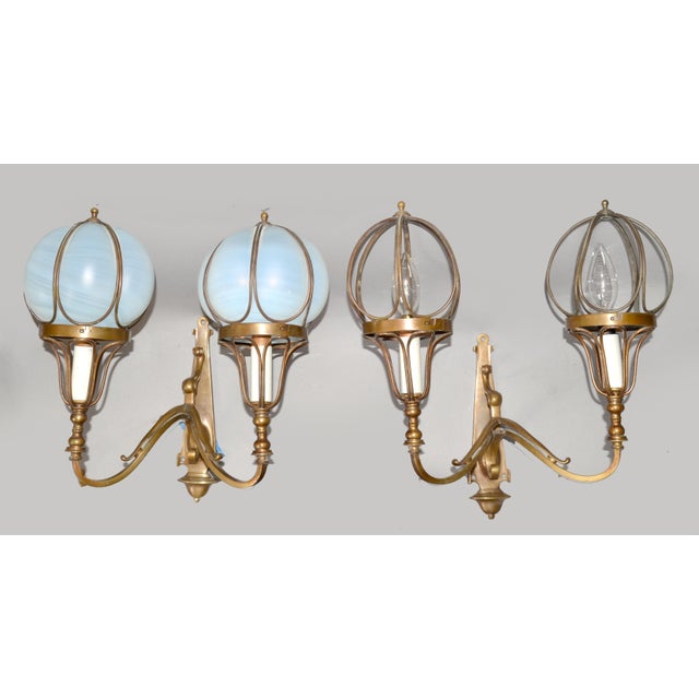 1920s 1920s Pair Art Deco French Brass Blown Encased Art Glass Shades Sconces Wall Lamps For Sale - Image 5 of 12